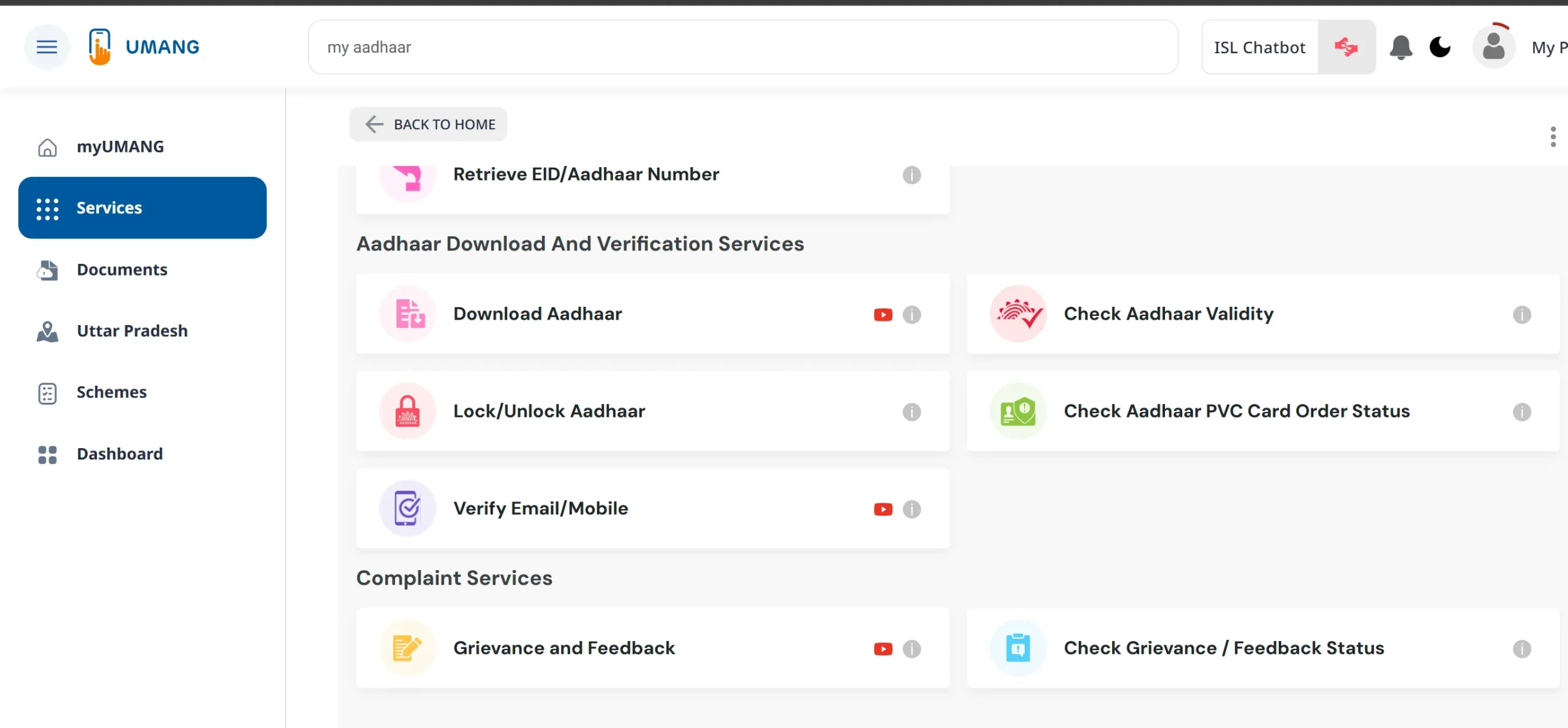 UMANG Aadhaar Services